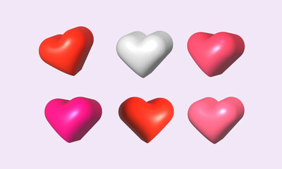 Set of six 3D hearts, on a poster or postcard