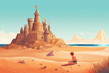 child play on the beach with big sand castle illustration Generative AI