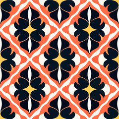 Vibrant orange and black pattern on a clean white background, influenced by the elegant art deco and art nouveau styles, forming a repeating fabric pattern.