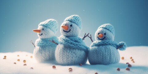 little knitted snowman on soft snow on blue background. Created with generative AI technology.