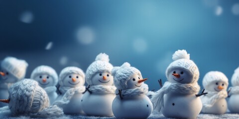 little knitted snowman on soft snow on blue background. Created with generative AI technology. - obrazy, fototapety, plakaty