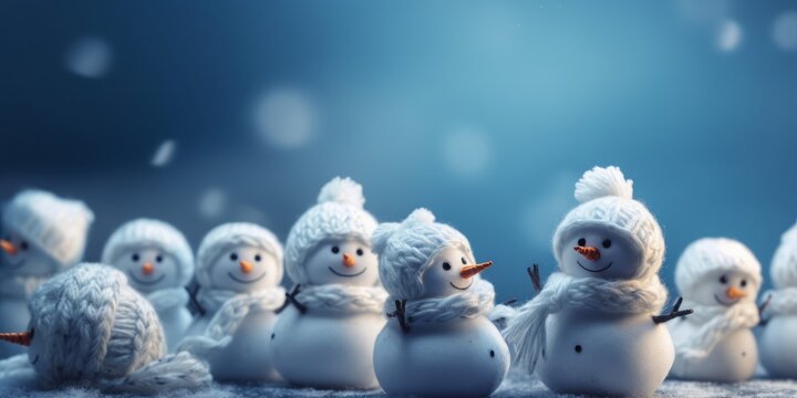 little knitted snowman on soft snow on blue background. Created with generative AI technology.