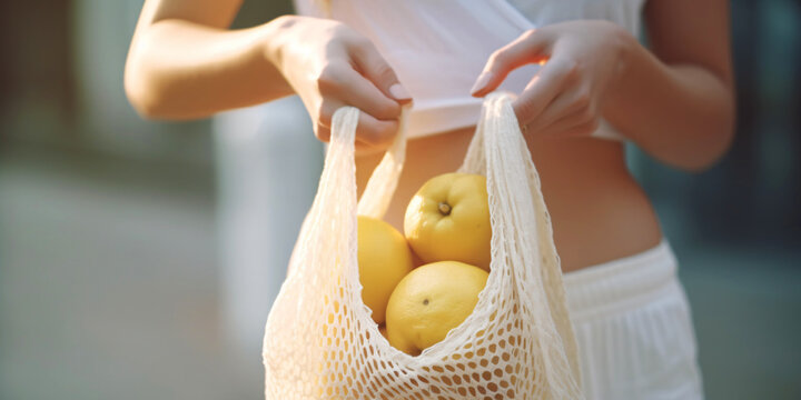 woman carries a white knitted bag full of yellow apples in summer