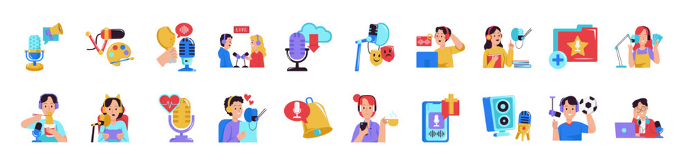 Live radio or podcasting. Podcasters recording audio or video podcast in the studio. Online show. Radio host speaking in microphone and interviewing guests. Vector illustration isolated on white 