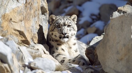 Snow leopard on a clean rocky background. Wildlife scene from Asia. Detailed portrait of beautiful big cats Panthera uncia. Generative ai.