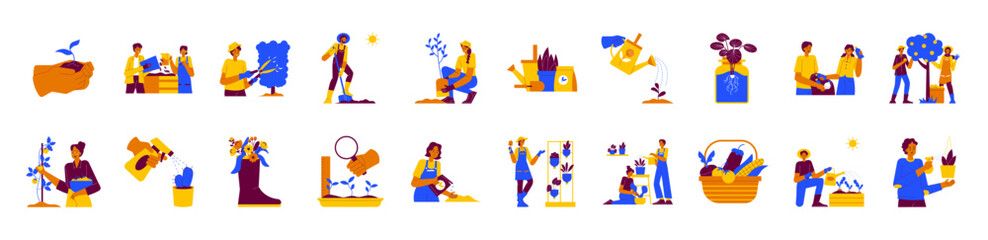 Illustration of the gardening. Collection with the vegetables and gardening activity
