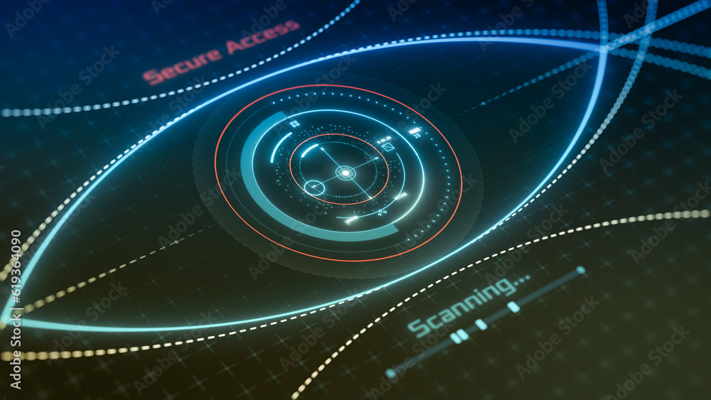 Poster futuristic biometric access, eye scan and recognition hud, secure access, cyber security, camera zoo