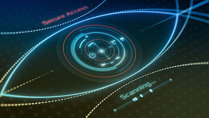 Futuristic Biometric Access, Eye Scan and Recognition HUD, secure access, cyber security, camera zoom in (3d render)