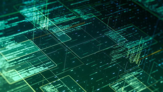 abstract network with random programming code, web and software development concept, futuristic technology, digital connectivity, cyber space (3d render)