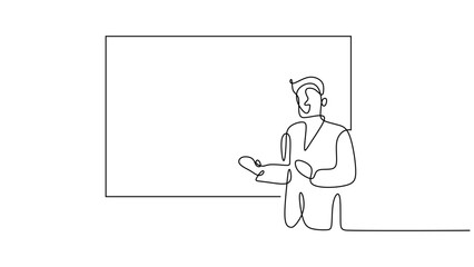 Continuous line drawing business person presentation. One hand drawn single line art vector illustration. People standing with empty board.