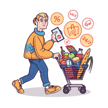 Young man carry cart full of food. Products purchase and delivery via apps. Male buying over Internet. Modern technology and lifestyle. Vector illustration in cartoon style