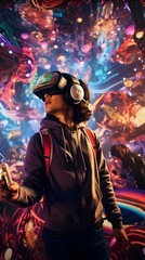 Young person engrossed in an immersive augmented reality experience, visualized in a neon-lit room, creating an atmosphere of excitement and wonder. Generative AI.