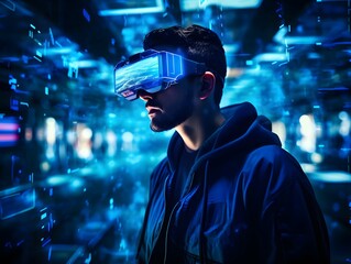 Person using augmented reality glasses in a technologically advanced environment bathed in cool blue light, futuristic and innovative. Generative AI.
