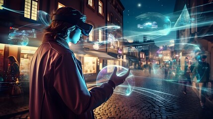 Engaging scene of a person interacting with a futuristic augmented reality interface, downtown, dynamic and cutting-edge, illustrating the progress and potential of augmented reality. Generative AI.