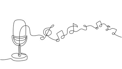 One line drawing music notes and microphone, minimalist vector illustration symbol.