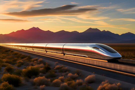Exhilarating image of a hyperloop train speeding through a diverse landscape, illustrating the concepts of technology, speed, progress, efficiency, and the future. Morning lights. Generative AI.