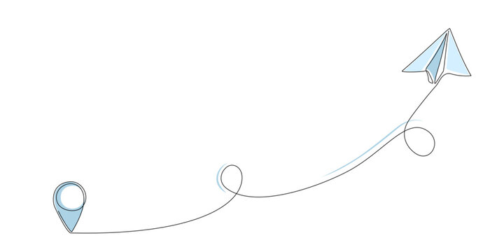 Single line drawing of paper airplane wit destination line path of flight route with starting point location. Continuous one line drawing for business, travel or journey illustration. Editable stroke