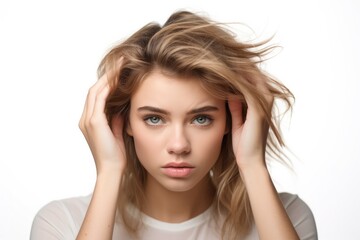 Obraz premium Portrait of a beautiful young woman with blonde uncombed, dishevelled, messy hair on white background. generative AI
