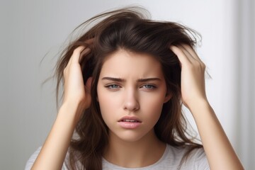 Fototapeta premium Portrait of Young beautiful woman has headache with hands on her head. generative AI