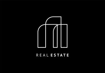 Real estate line logo vector template. Building minimalist with simple outline drawing. Modern white line on black background.