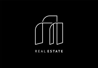 Real estate line logo vector template. Building minimalist with simple outline drawing. Modern white line on black background.