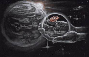 The origin of life on the planet. Allegory. Isolated on black background. Hand drawn chalk picture with paper texture. Raster