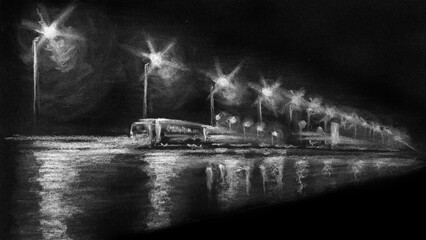 Truck on the night illuminated road. Isolated on black background. Hand drawn chalk picture with paper texture. Raster - obrazy, fototapety, plakaty