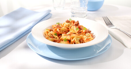 tortelloni with bolognese sauce. classic Italian pasta with spinach and ricotta in tomato-meat sauce. dish of mediterranean cuisine on a light background. food on the table on a sunny day.