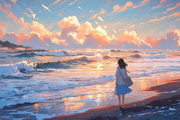 With golden hues painting the sky, a girl takes a leisurely walk along the beach. manga anime style illustration generative ai