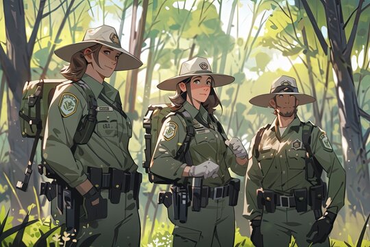 Park Rangers Protect The Wilderness, Standing As Stewards Of The Environment And Defenders Of Wildlife. Manga Anime Style Illustration Generative Ai