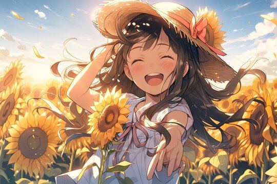 Sunflower Serenade: Surrounded by towering sunflowers, a girl raises her arms, basking in the warm sunlight as the petals sway in harmony with herl dance manga anime style illustration generative ai