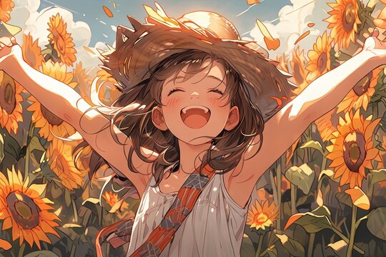 Sunflower Serenade: Surrounded by towering sunflowers, a girl raises her arms, basking in the warm sunlight as the petals sway in harmony with herl dance manga anime style illustration generative ai