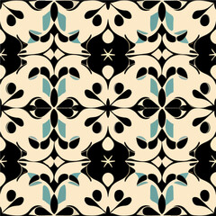 Captivating black and white art nouveau pattern with blue accents, showcasing a seamless damask design.