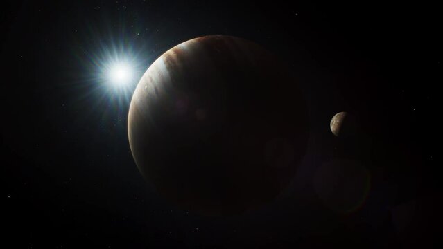 Realistic 3D animation of Jupiter and its moon Io, Europa, Ganymede or Callisto rotating in dark outer space. Sun, stars and galaxies on background. Solar system planet. Universe exploration.