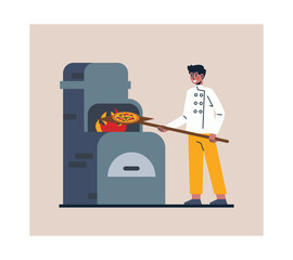 Man in protective clothes standing near oven and stacks pizza to bake. Process of cooking with kitchenware. Commercial food industry. Professional cooking kitchen. Vector purple and blue colors