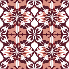 White background adorned with a red and white damask pattern, exuding elegance and sophistication. The repeating floral motif showcases influences from art nouveau, making it a versatile fabric.