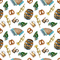 Wooden barrel, pint of beer, german hat, accordion watercolor seamless pattern isolated on white. Pretzel, wheat ear, trumpet hand drawn. Design for beer festival, brewing, wrapping, background © Ekaterina Lanbina