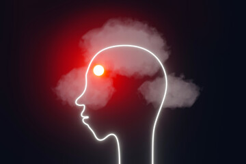 Headache Migraine Human head silhouette with clouds instead of brain 3d render creative art. Mental health Patient suffering from severe pain High blood pressure Hypertension Fatigue Emotional stress.