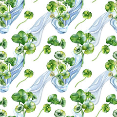 Centella asiatica herbal plants and wave watercolor seamless pattern isolated on white. Pennywort, gotu kola water shape, geranium flower hand drawn. Design for package, textile, wrapping, background