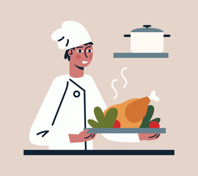 Professional Cooker In White Coat And Cap Holding Big Plate With Tasty Cooked Meat. Chef Shows His Cooked Dish. Concept Of Food Industry. Vector Illustration In Warm Colors