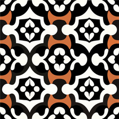 Captivating black and white pattern enhanced by vibrant orange accents, showcasing an ornate and intricate geometric design. This visually stunning composition draws inspiration from.