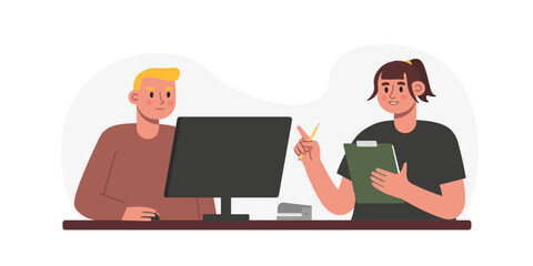 Young worker looking at computer screen, lady sitting near and talking with man. Coworking open space area. Teamwork communication and digital technologies. Colorful vector flat illustration