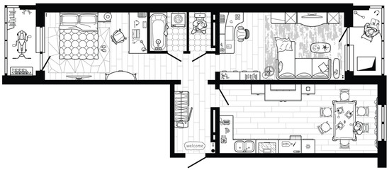 Planning of the apartment with arrangement furniture. Architectural drawing of the house (top view). Interior design  floor plan from above. Vector layout