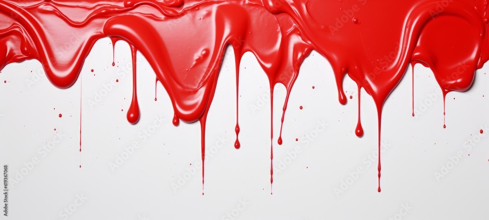 Aufkleber abstract red color acrylic paint flowing down over white background, dripping colorful liquid textur