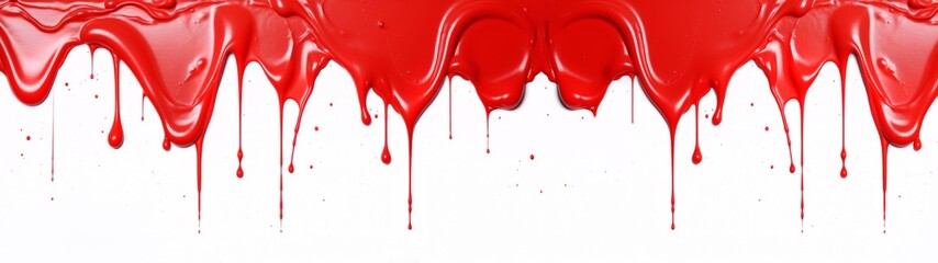 Abstract red color acrylic paint flowing down over white background banner panoramaic, wide panoprama long, dripping colorful liquid texture. Digital art (Generative Ai)