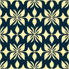 Striking black and white pattern set against a vibrant yellow background. It showcases an art deco and art nouveau fusion, perfect for repeating fabric patterns.