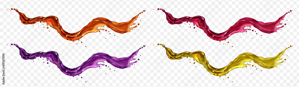 Poster realistic set of color liquid splashes isolated on transparent background. vector illustration of ol