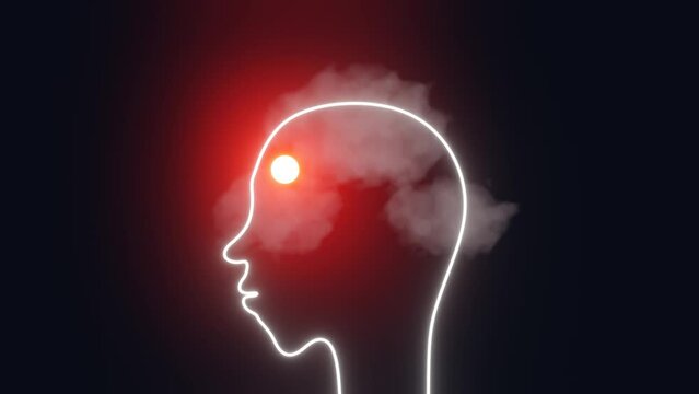 Headache Migraine Human head silhouette with clouds instead of brain 3d animation loop 4K. Mental health Patient suffering from severe pain High blood pressure Hypertension Fatigue Emotional stress.