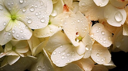 Creamy Hydrangeas flowers with water drops background. Closeup of blossom with glistening droplets. Generative AI