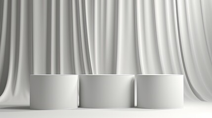 Set of white cylinder pedestal podium on white table in white background and curtain texture